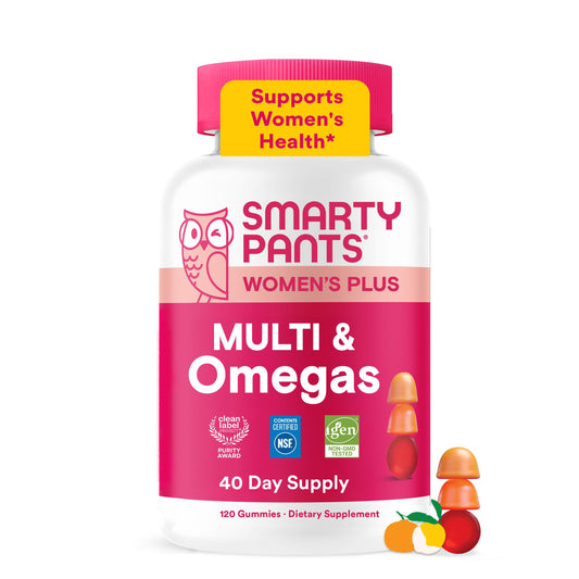 SmartyPants envase frontal mostrando 120 gomitas y beneficios nutricionales