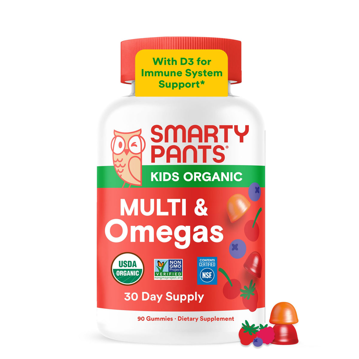 SmartyPants frontal del envase mostrando 120 gominolas y beneficios