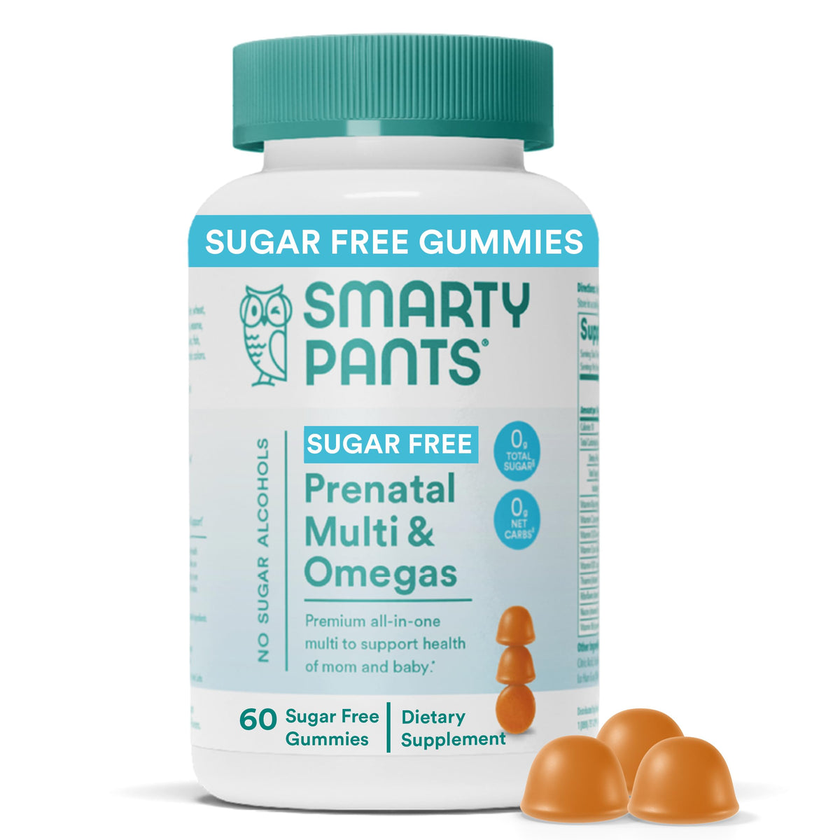 SmartyPants frontal del envase mostrando 60 gomitas y beneficio práctico