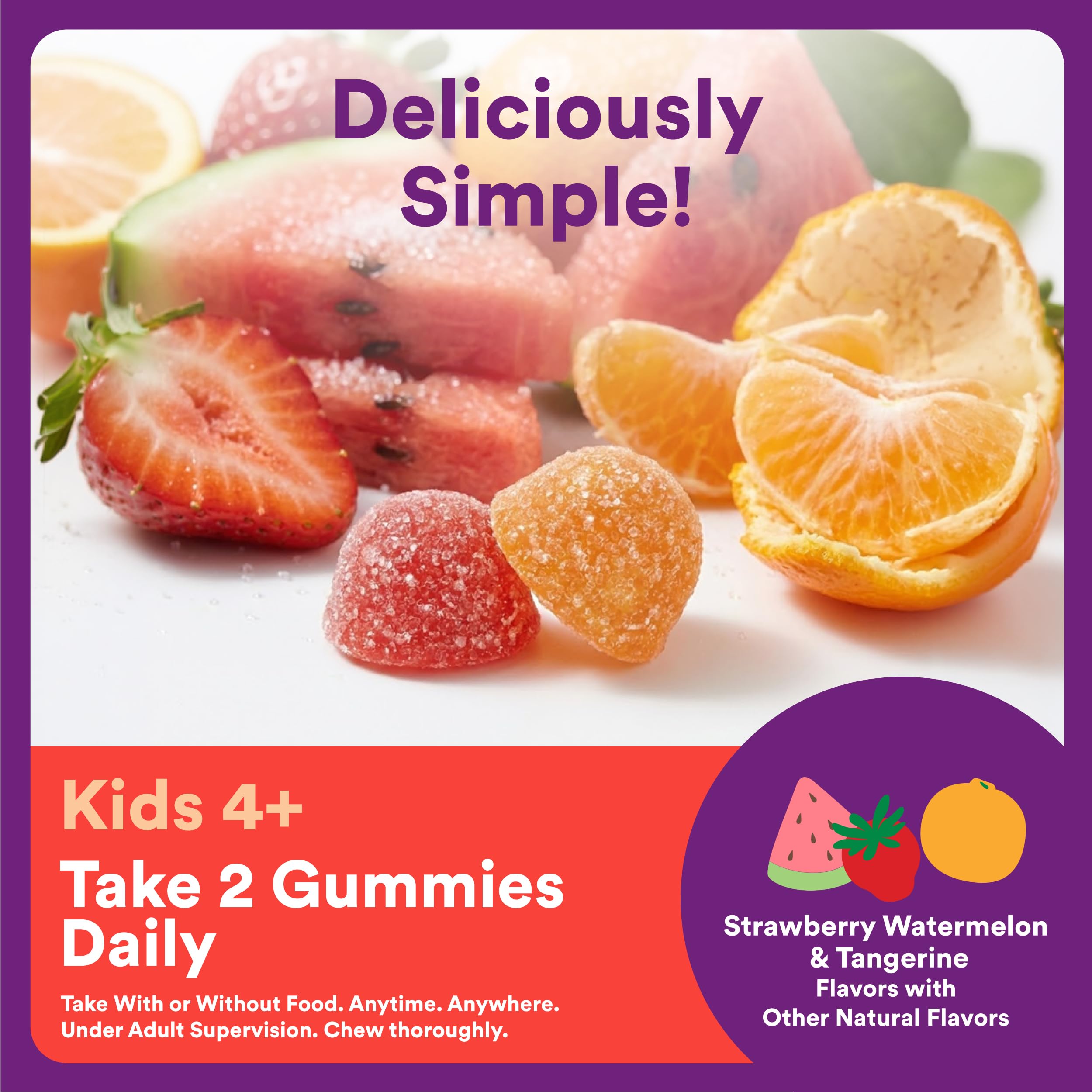 Gomitas SmartyPants junto a frutas que sugieren sabor natural y aceptación