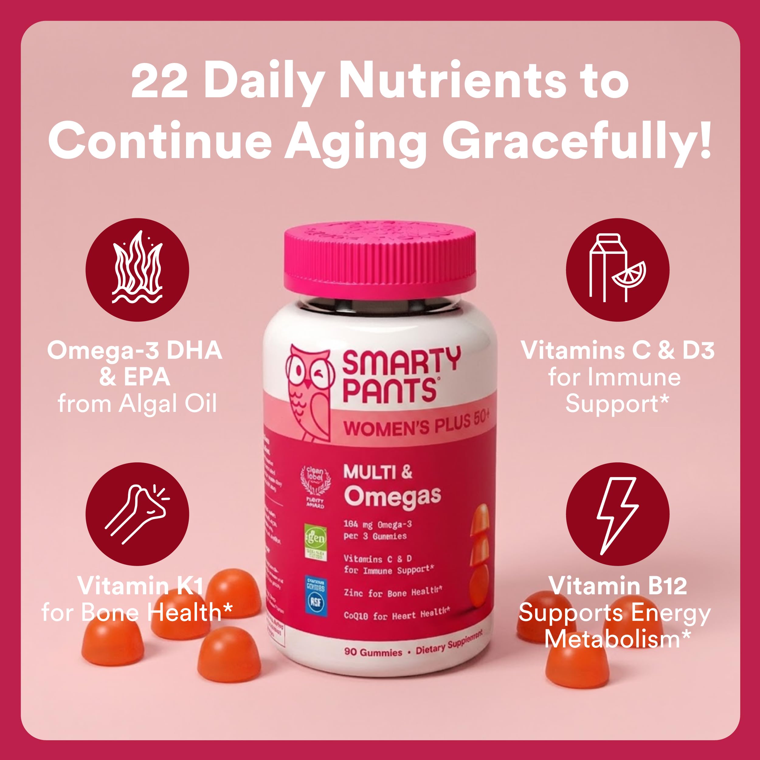 SmartyPants etiqueta con lista de 22 nutrientes y beneficios fácilmente visibles