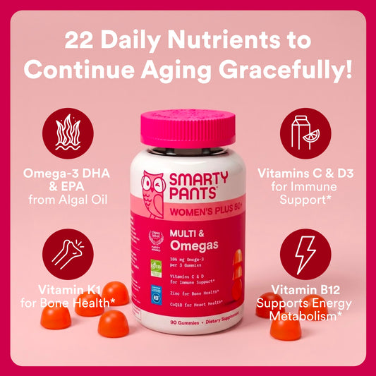 SmartyPants etiqueta con lista de 22 nutrientes y beneficios fácilmente visibles
