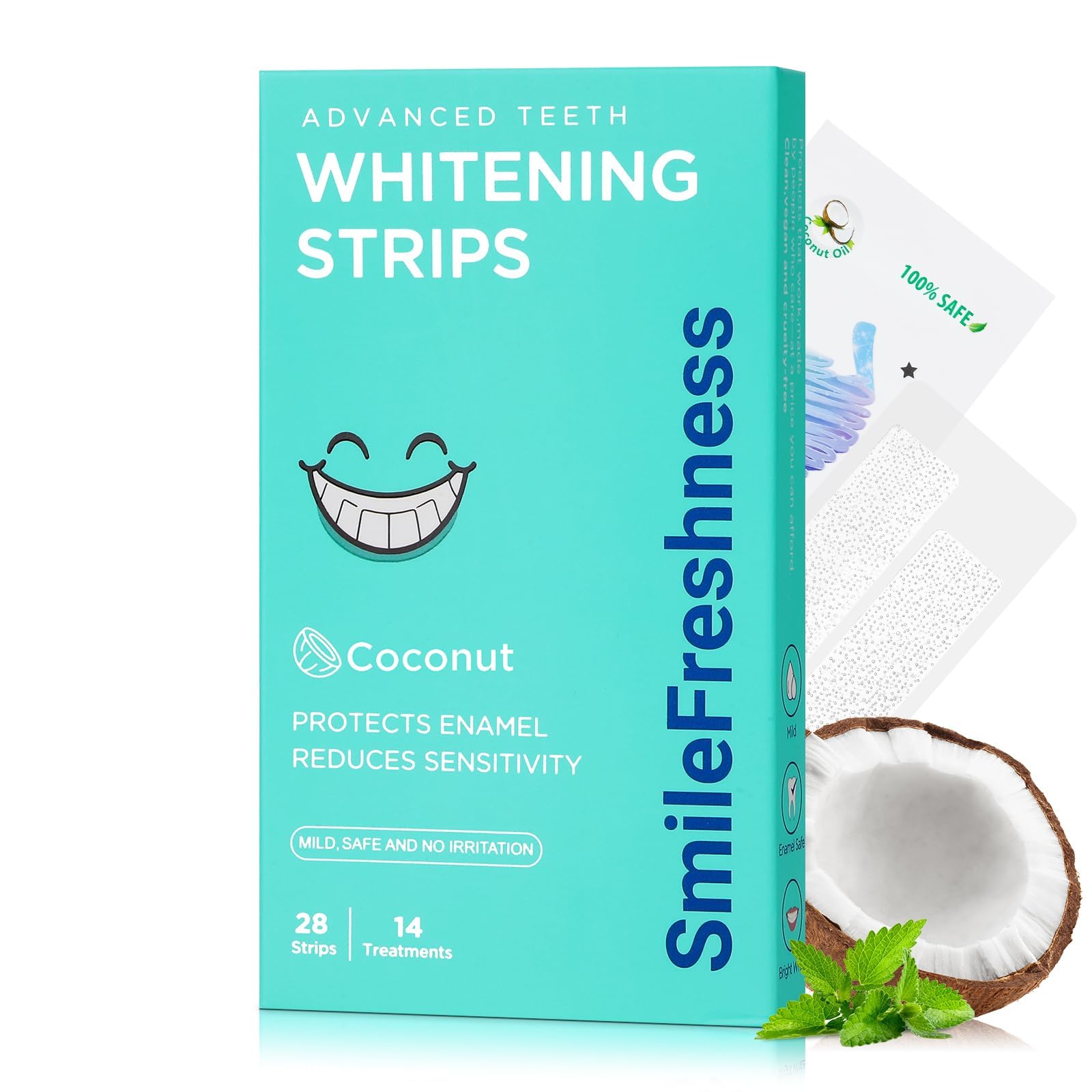 SmileFreshness empaque frontal mostrando 28 tiras y aroma coco