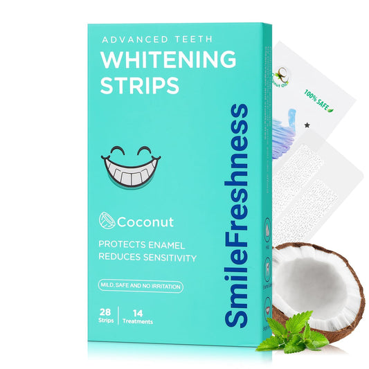 SmileFreshness empaque frontal mostrando 28 tiras y aroma coco