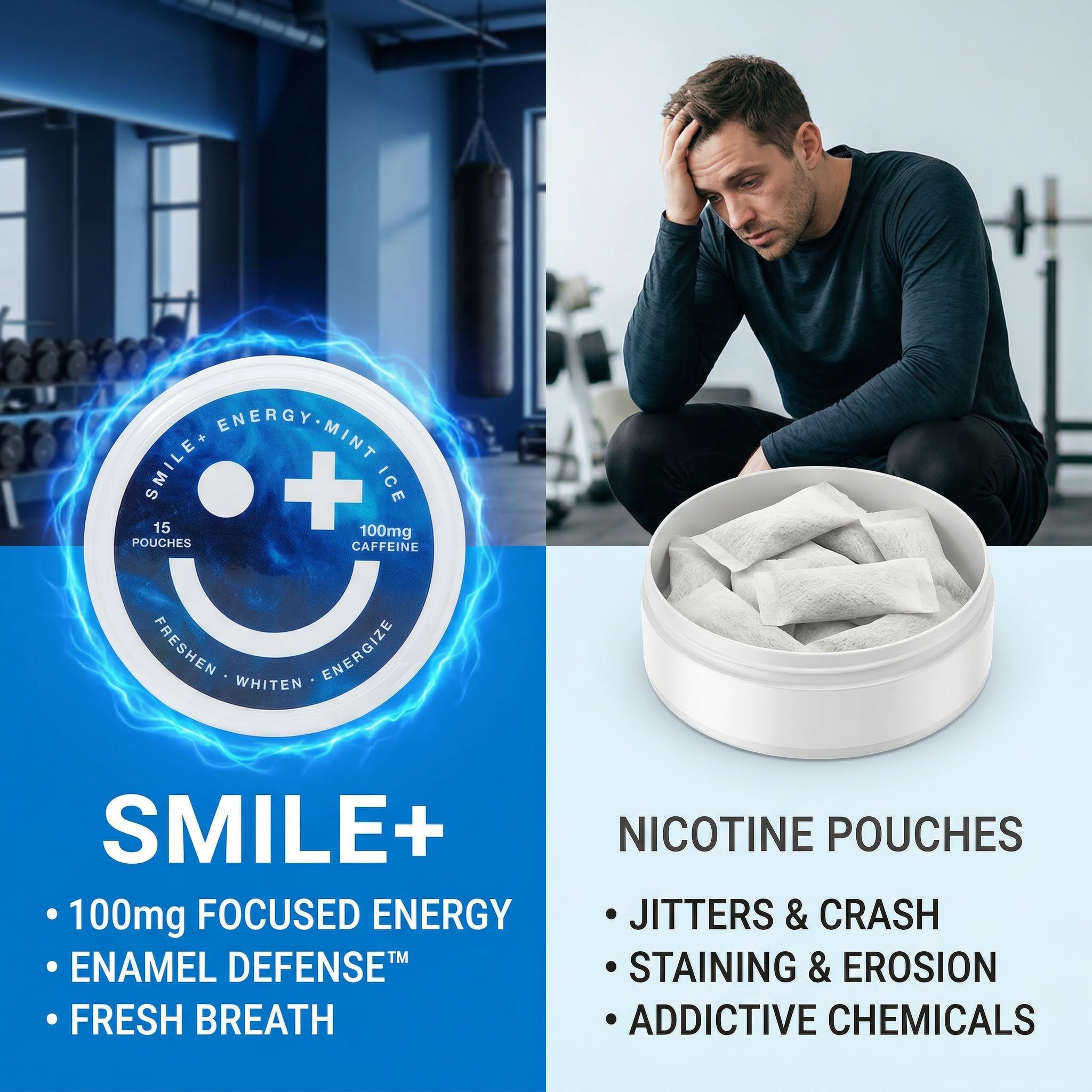 Contenido interior con 15 sobres Smile+ organizado en la lata para almacenamiento