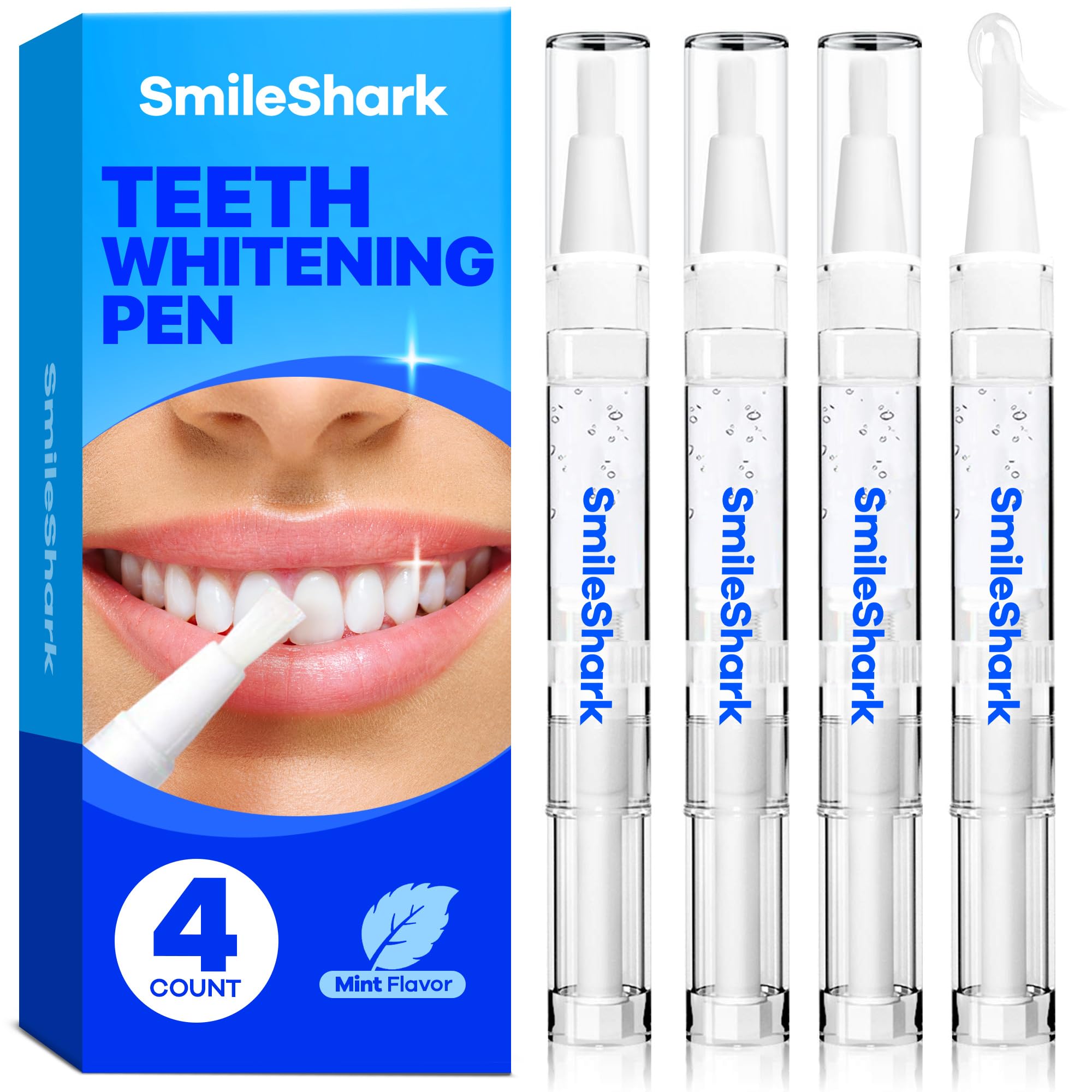 SmileShark frente del empaque mostrando los cuatro bolígrafos y beneficio de portabilidad