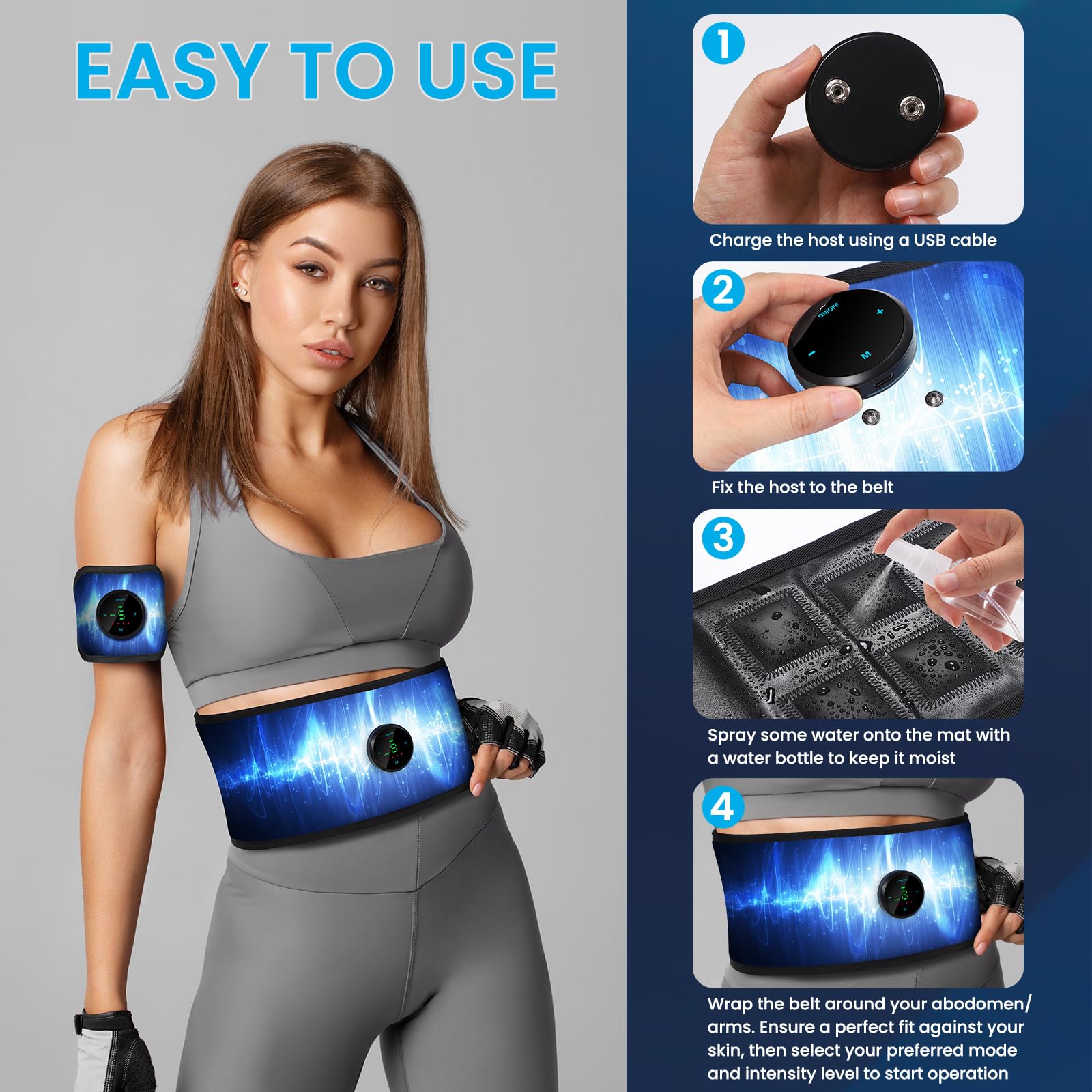 Smiofo en uso sobre abdomen con controlador mostrando intensidad ajustable
