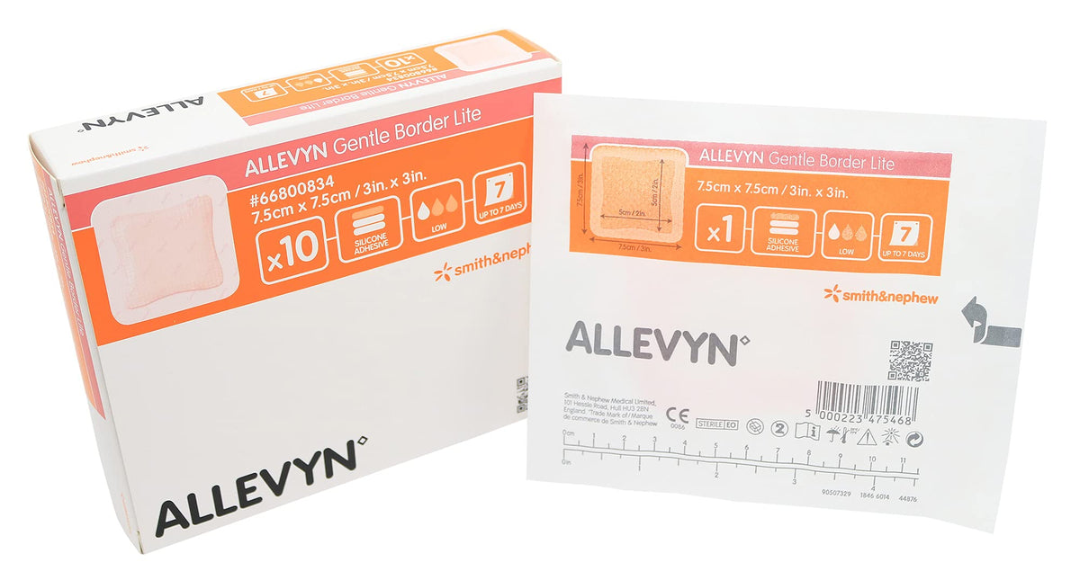 Smith & Nephew apósito Allevyn frontal mostrando tamaño y adhesivo suave
