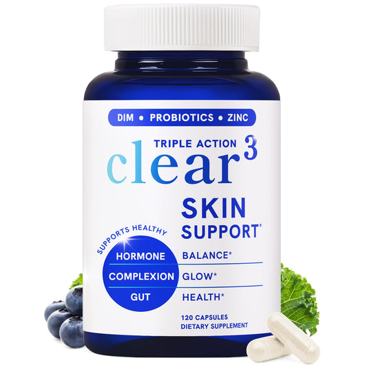 SMNutrition frasco Clear Skin frente, presenta fórmula 3 acciones para piel clara