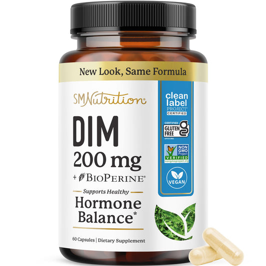 SMNutrition empaque frontal del DIM 200 mg con etiqueta clara y confianza