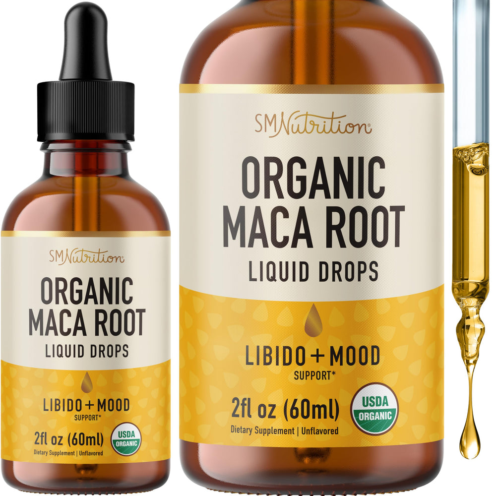 SMNutrition frasco frontal de maca líquida mostrando envase y dosis