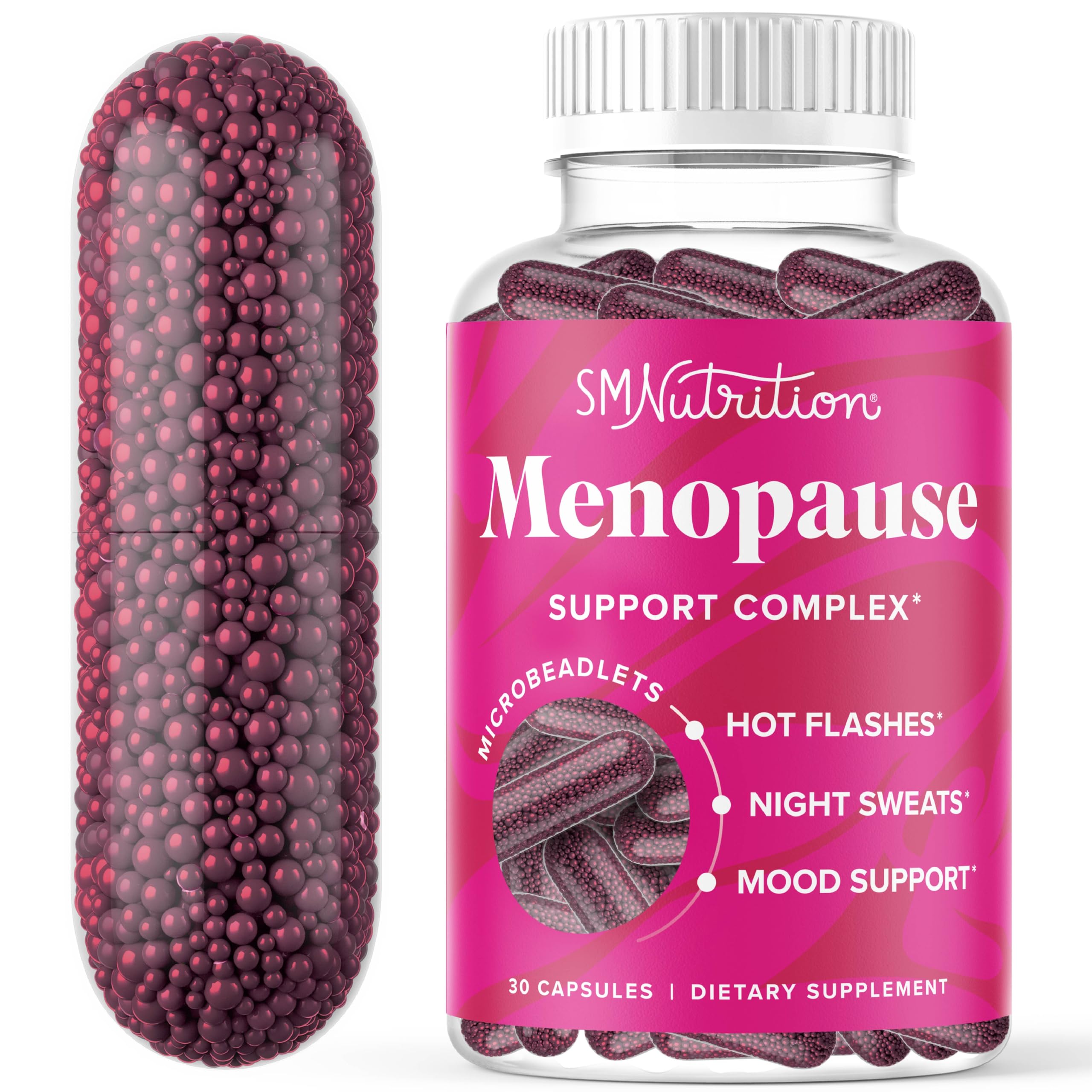 SMNutrition frasco frontal de Menopause Vitamins Beadlets con diseño claro y beneficios