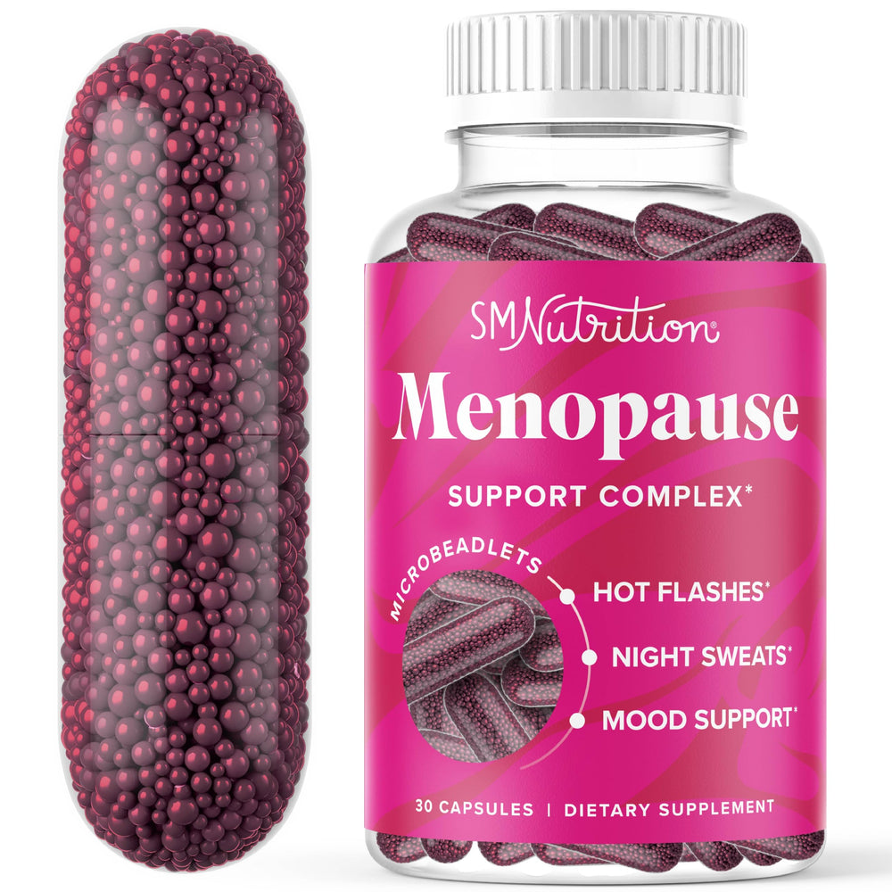 SMNutrition frasco frontal de Menopause Vitamins Beadlets con diseño claro y beneficios