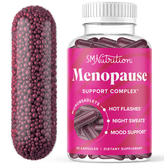 SMNutrition frasco frontal de Menopause Vitamins Beadlets con diseño claro y beneficios