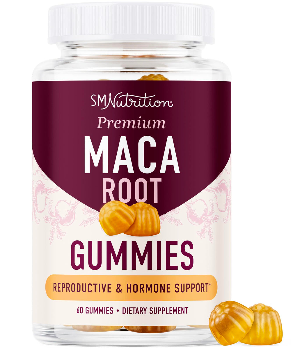 SMNutrition frasco de Maca Root Gummies frente mostrando etiqueta clara y beneficios