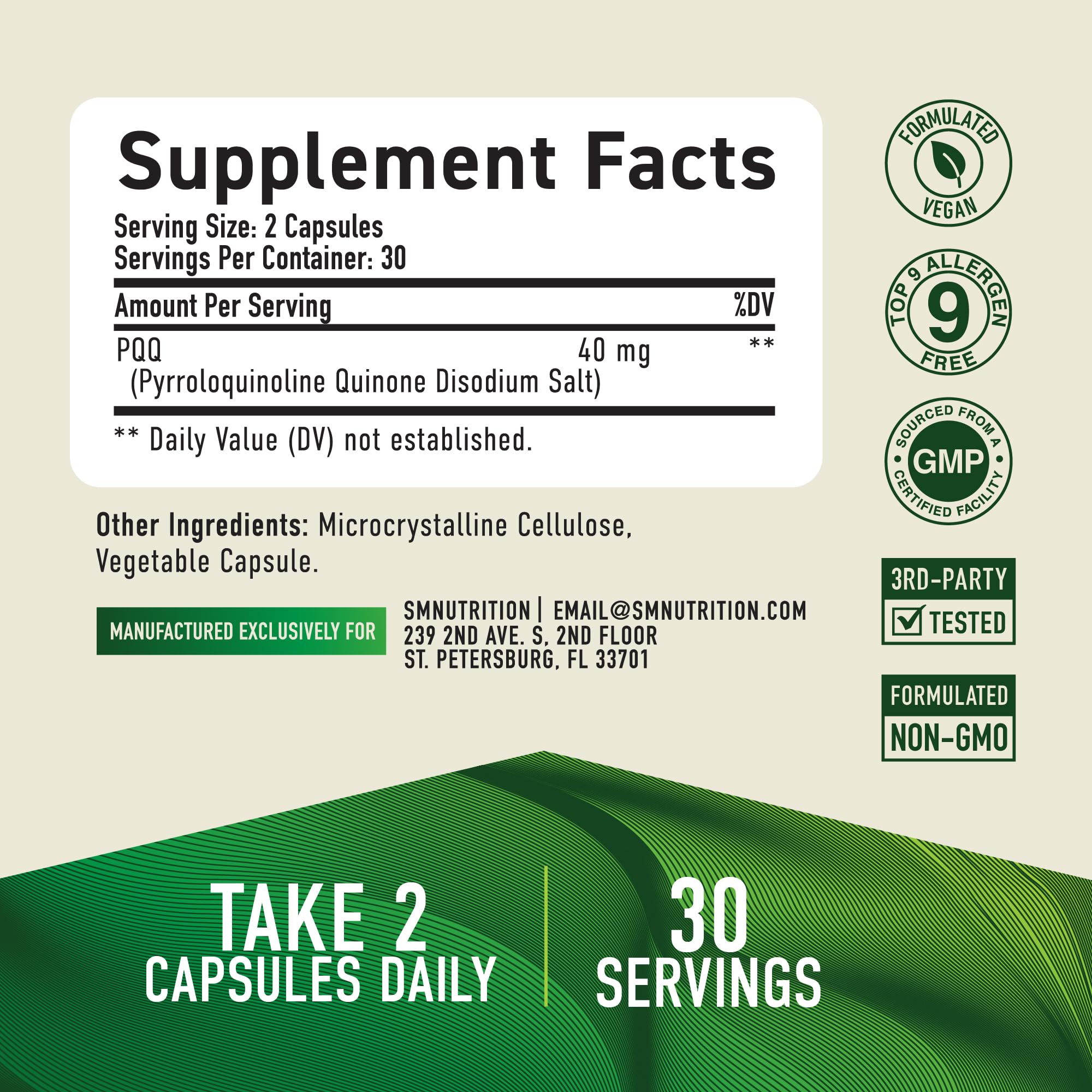 Etiqueta nutricional SMNutrition PQQ mostrando información de dosificación clara