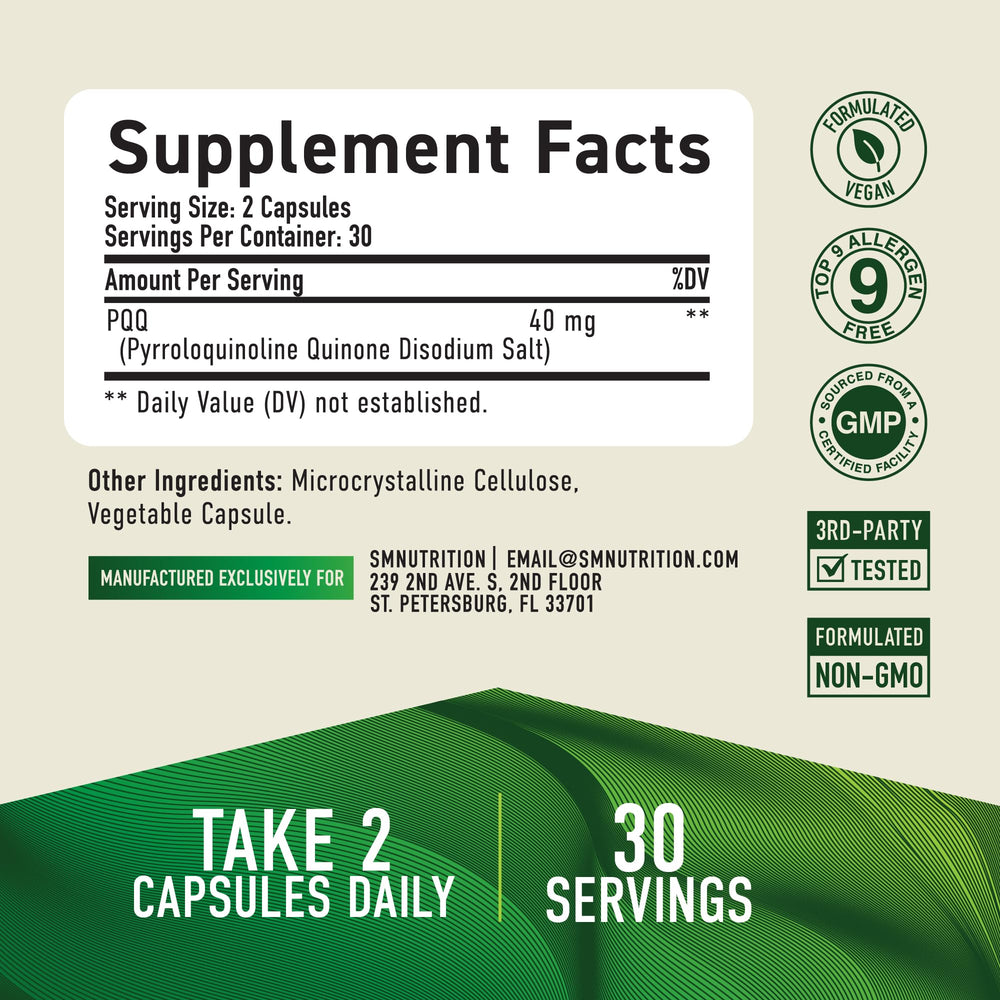 Etiqueta nutricional SMNutrition PQQ mostrando información de dosificación clara