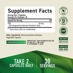 Etiqueta nutricional SMNutrition PQQ mostrando información de dosificación clara