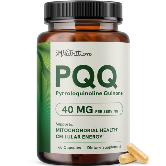 Frasco frontal SMNutrition PQQ 40 mg mostrando el envase y beneficio energético