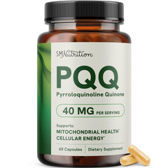 Frasco frontal SMNutrition PQQ 40 mg mostrando el envase y beneficio energético