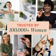 SMNutrition mujer activa tomando suplemento para apoyo hormonal diario