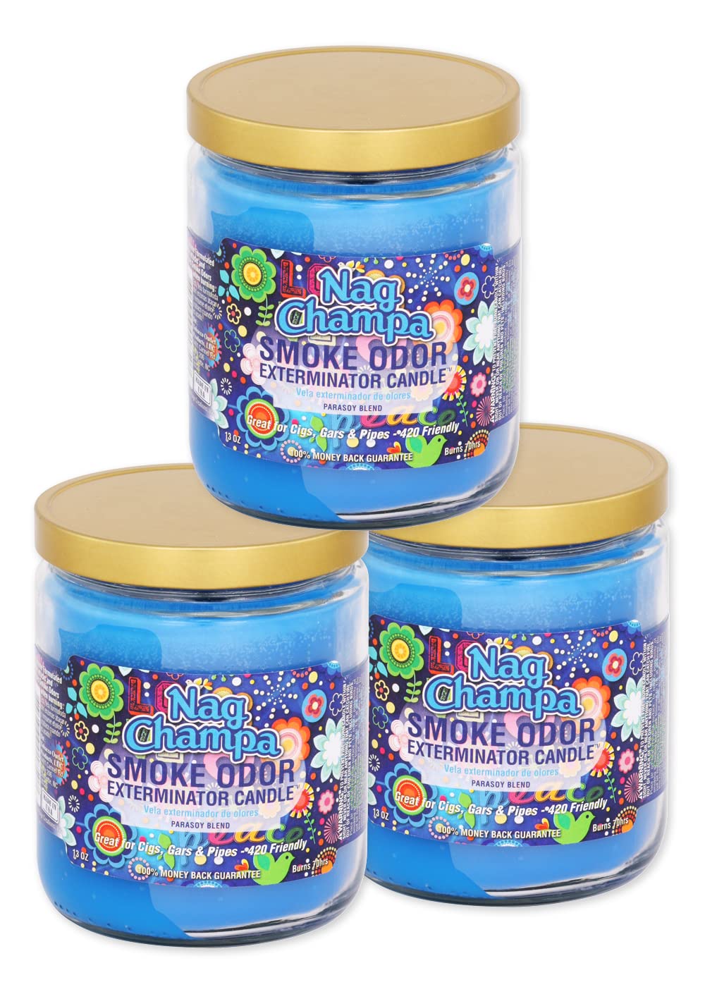 Smoke Odor Exterminator frasco delantero Nag Champa mostrando etiqueta y beneficio neutralizar olores