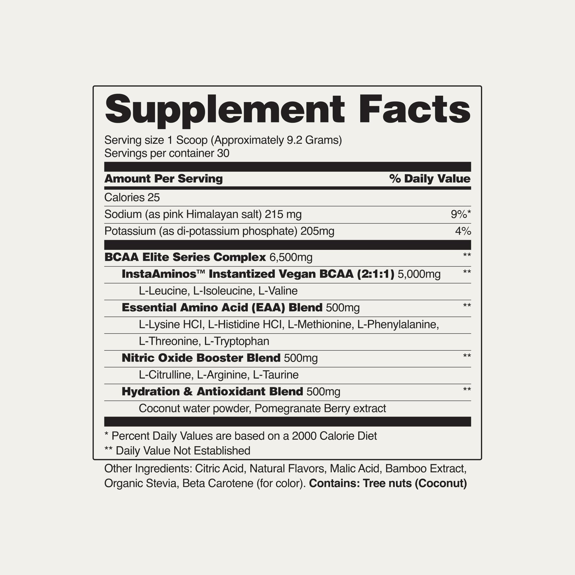 Etiqueta nutricional Snap Supplements BCAA, información clara de ingredientes y dosis