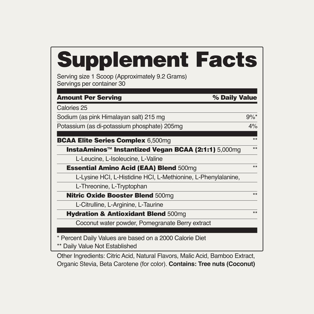 Etiqueta nutricional Snap Supplements BCAA, información clara de ingredientes y dosis