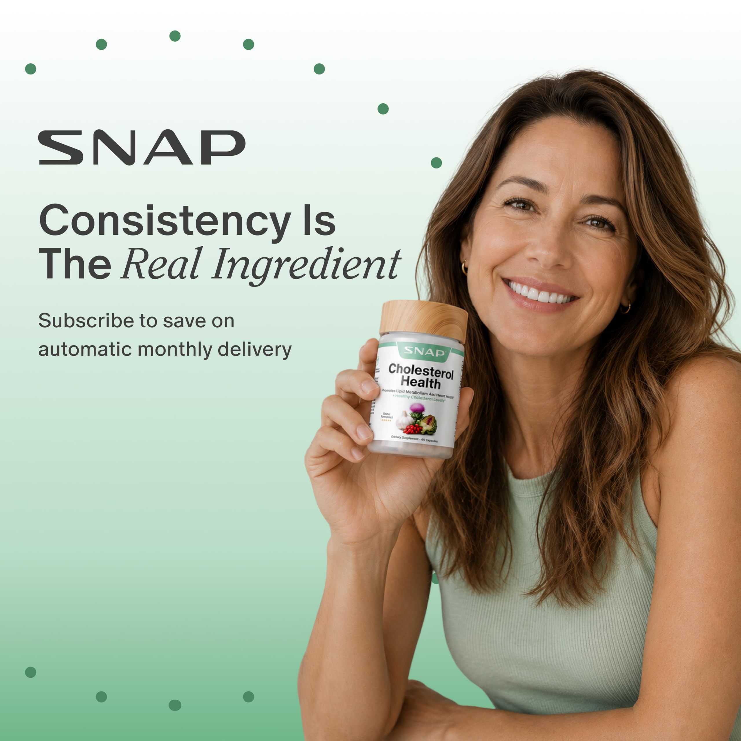 Snap Supplements botella abierta con cápsulas como suministro mensual