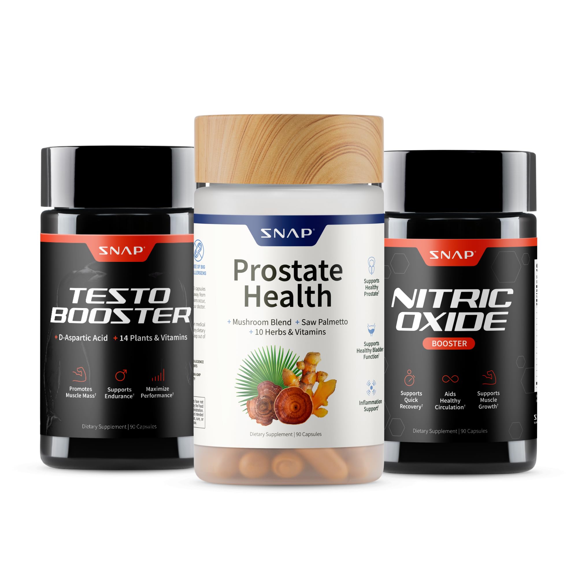 Snap Supplements vista frontal del paquete con tres frascos, conveniencia diaria