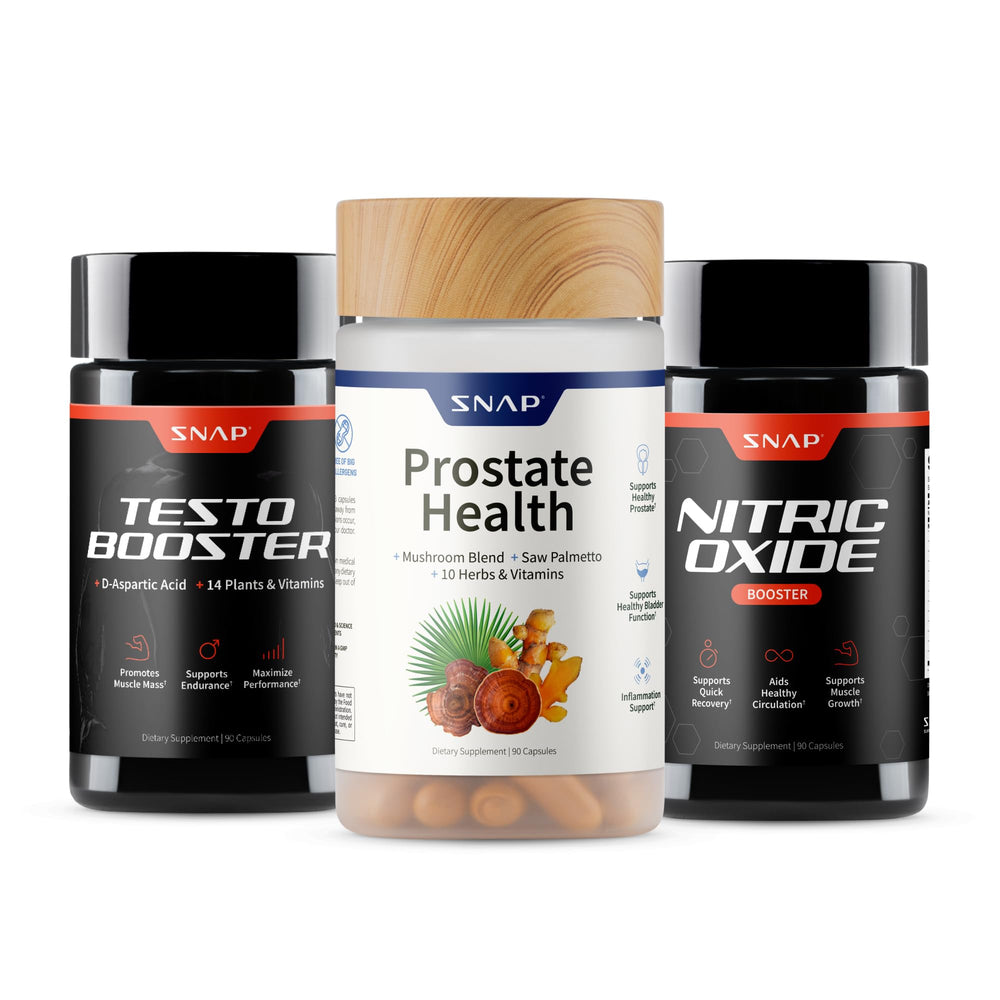 Snap Supplements vista frontal del paquete con tres frascos, conveniencia diaria