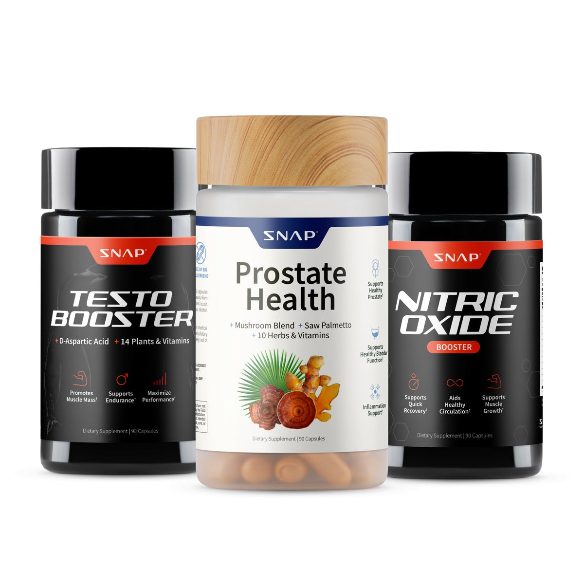 Snap Supplements vista frontal del paquete con tres frascos, conveniencia diaria