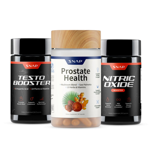 Snap Supplements vista frontal del paquete con tres frascos, conveniencia diaria