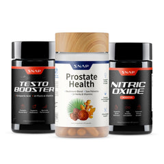 Snap Supplements vista frontal del paquete con tres frascos, conveniencia diaria