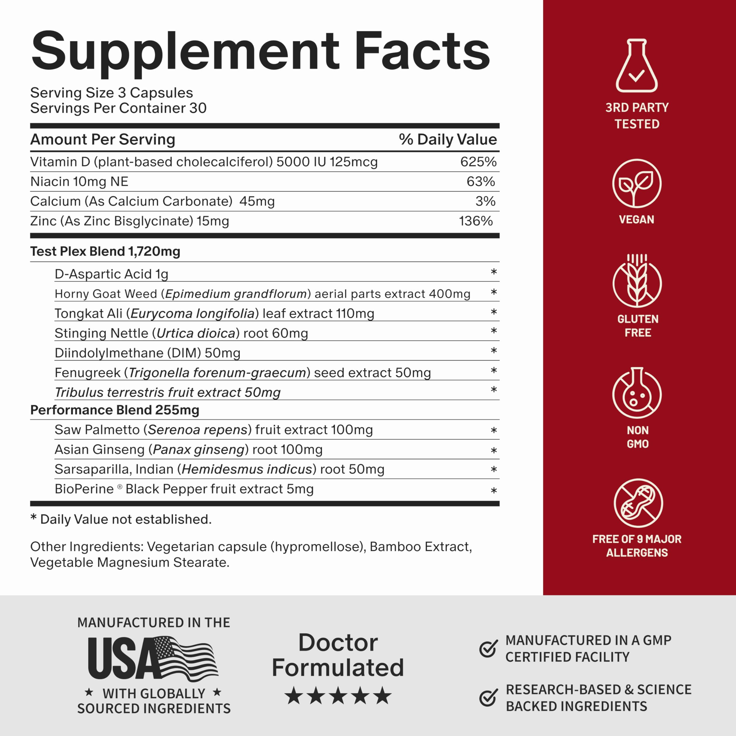 Snap Supplements etiqueta con lista de ingredientes y certificaciones