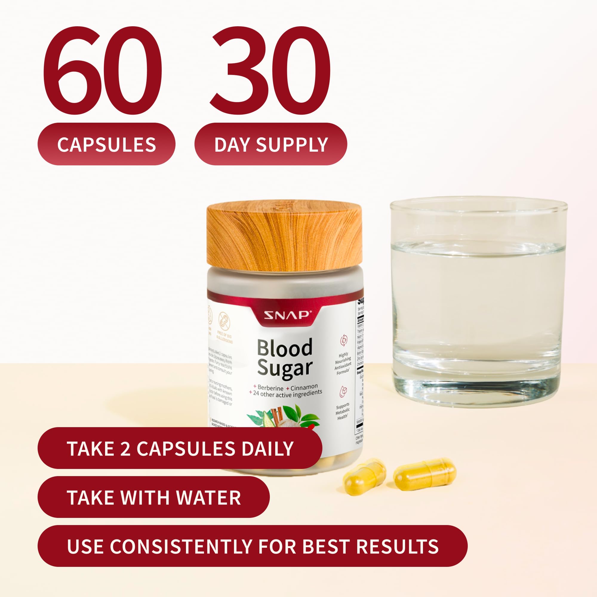 Snap Supplements botella abierta con 60 cápsulas, indica cantidad exacta