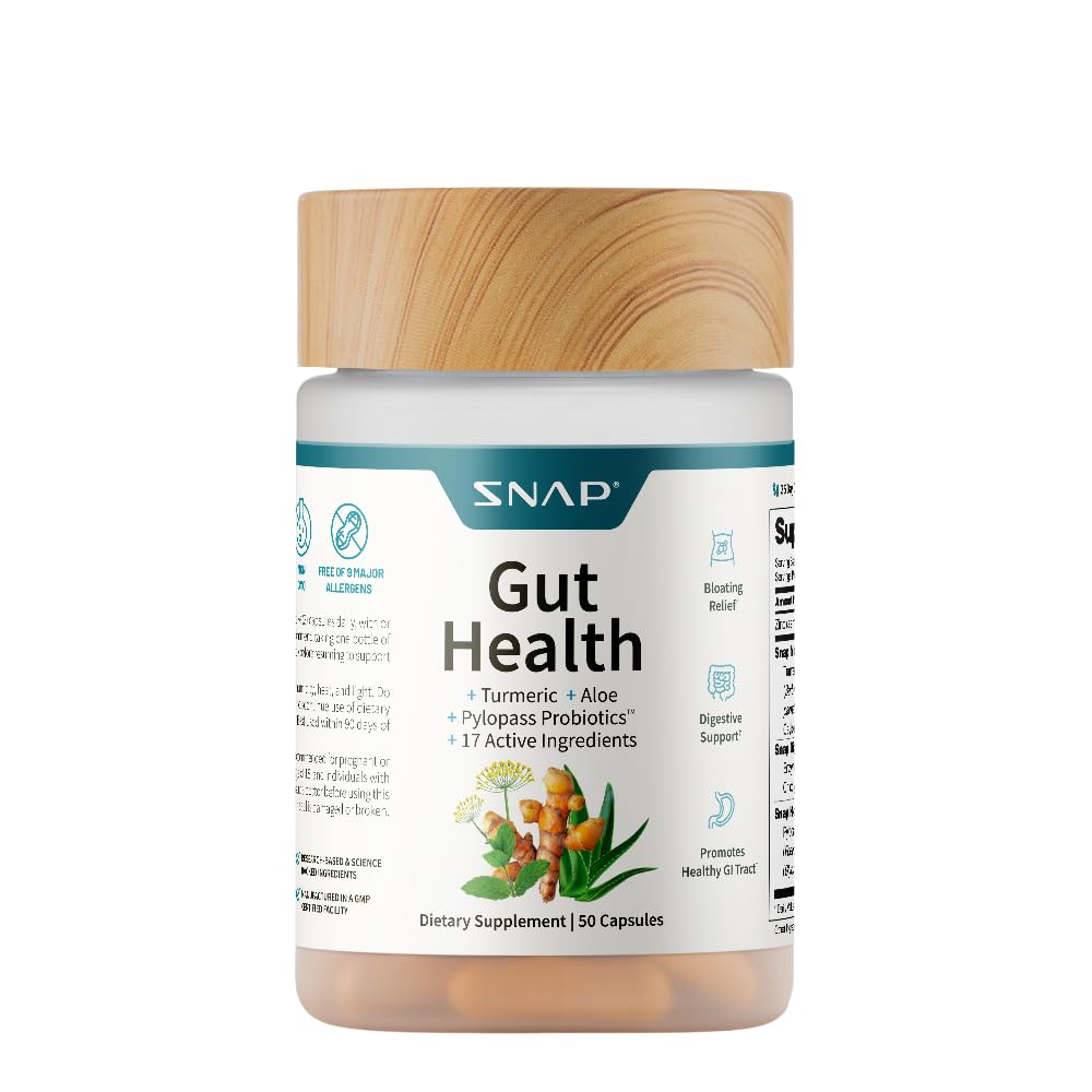 Snap Supplements frasco frontal mostrando 50 cápsulas y beneficios