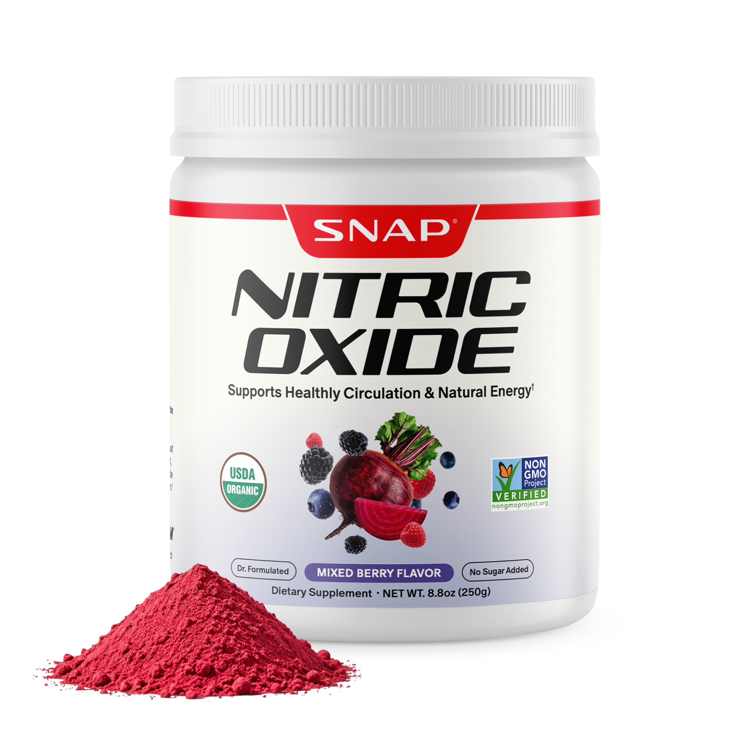 Snap Supplements frente del envase mostrando diseño y sabor mixed berry, conveniencia