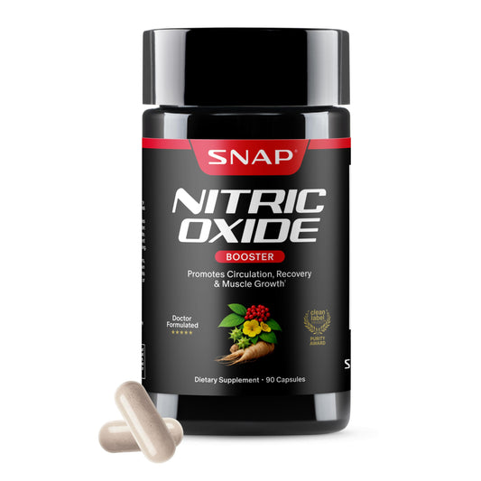 Snap Supplements frente del envase mostrando dosis y beneficio de óxido nítrico