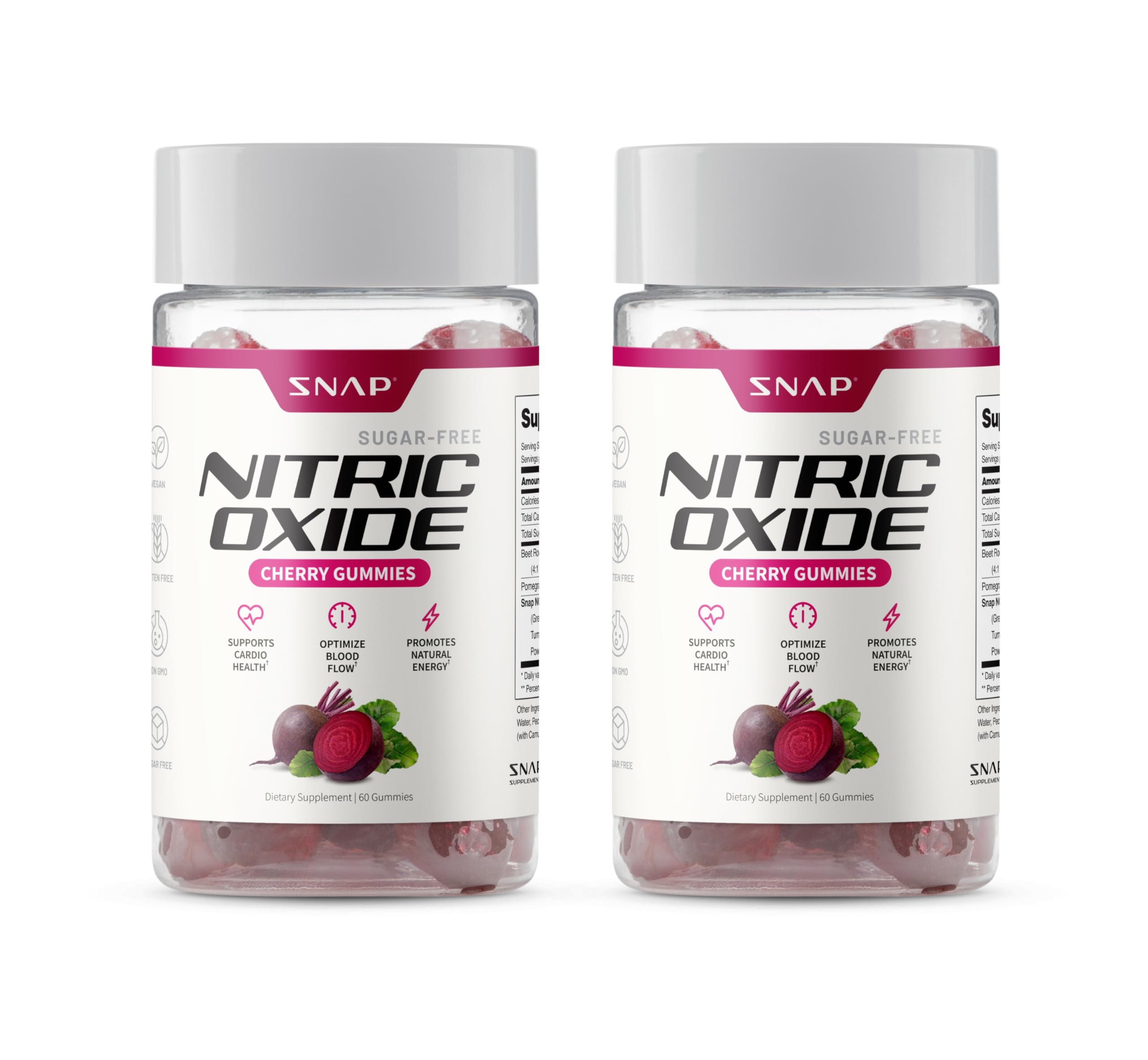 Snap Supplements gominolas remolacha frontal mostrando envase y beneficio conveniencia