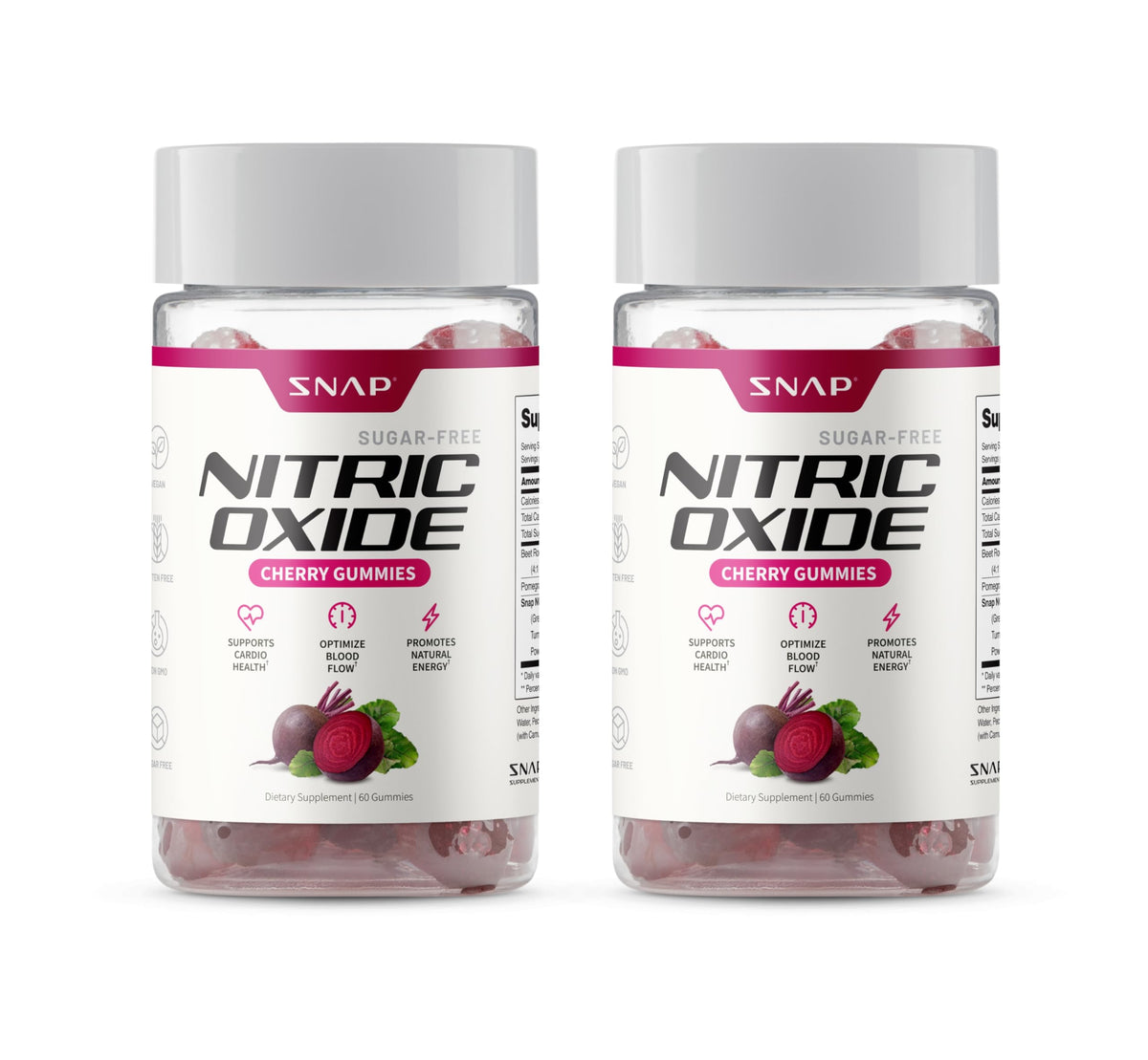 Snap Supplements gominolas remolacha frontal mostrando envase y beneficio conveniencia