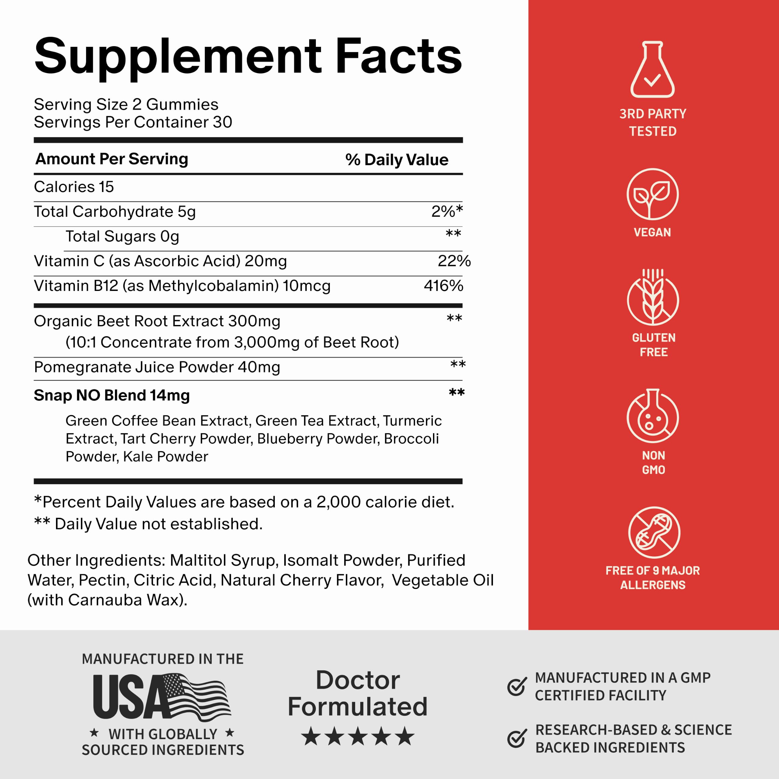 Etiqueta nutricional de Snap Supplements mostrando ingredientes y valores por porción