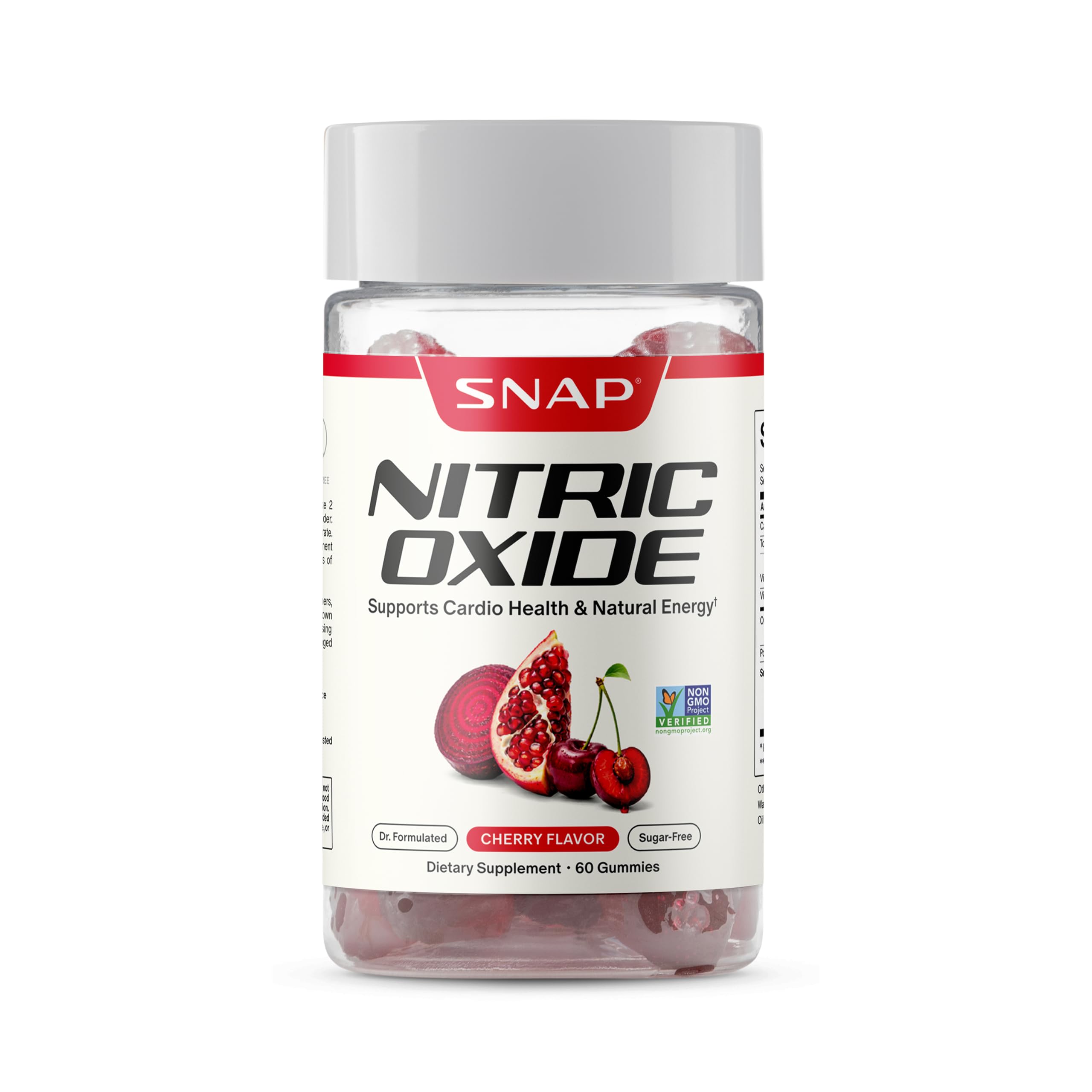 Snap Supplements frasco frontal de gomitas de remolacha, presentación clara y atractiva