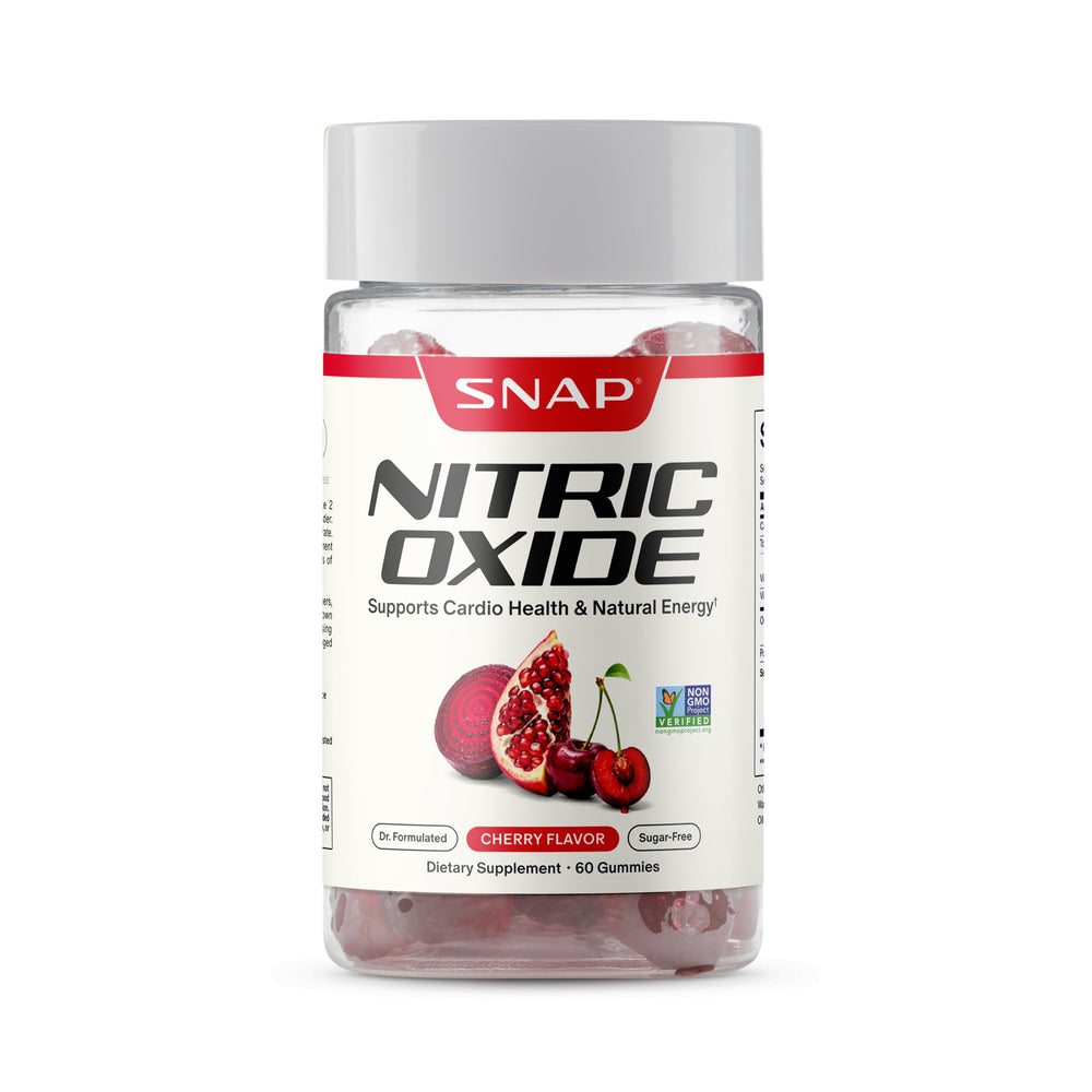 Snap Supplements frasco frontal de gomitas de remolacha, presentación clara y atractiva