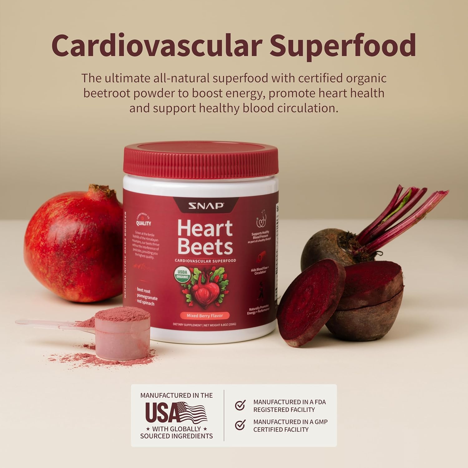 Etiqueta nutrimental de Snap Supplements Heart Beets mostrando ingredientes y certificaciones claras
