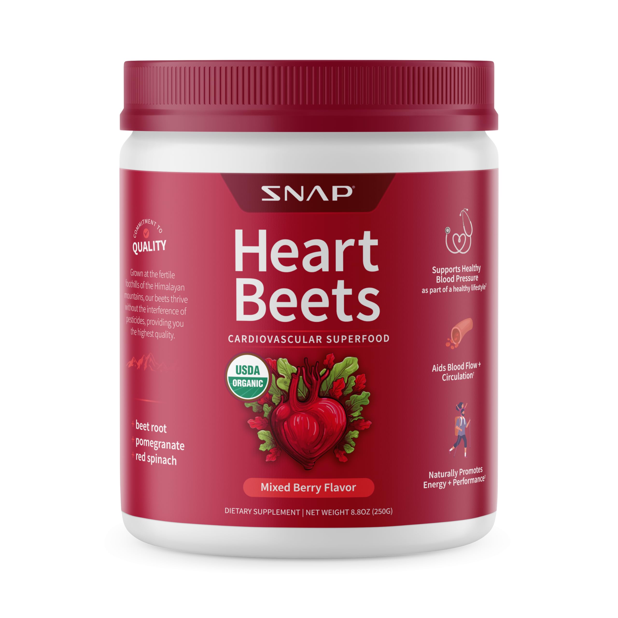 Snap Supplements Heart Beets vista frontal del envase mostrando el sabor Mixed Berry y conveniencia