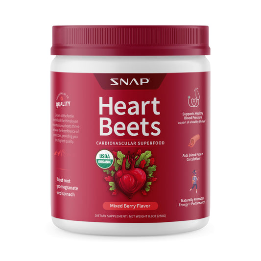 Snap Supplements Heart Beets vista frontal del envase mostrando el sabor Mixed Berry y conveniencia