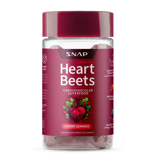 Snap Supplements envase frontal mostrando gominolas cereza y beneficio circulatorio