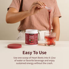 Vaso con Heart Beets mezclado listo para beber, Snap Supplements, ideal para consumo diario