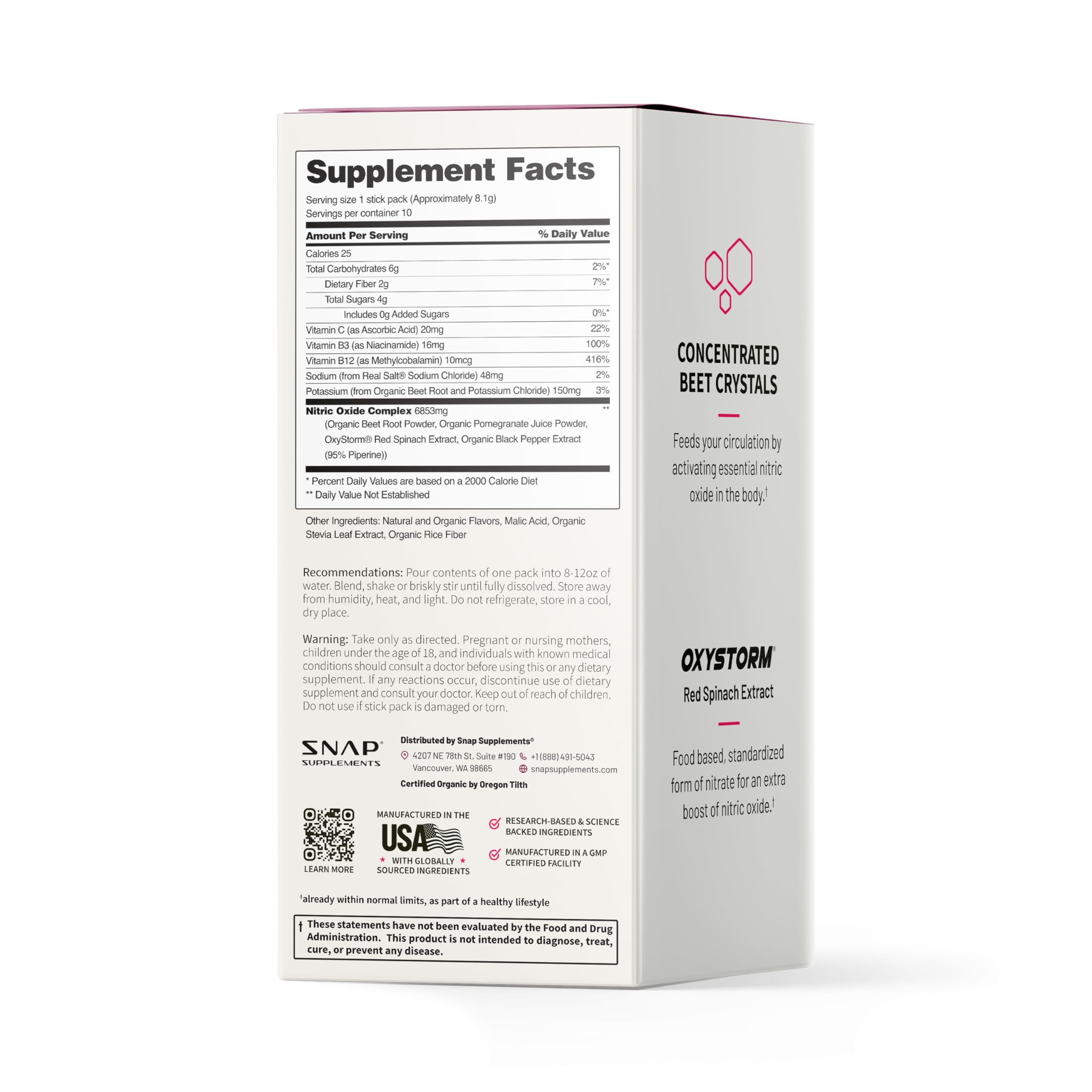Snap Supplements ingredientes: remolacha, granada y espinaca roja enfatizando antioxidantes